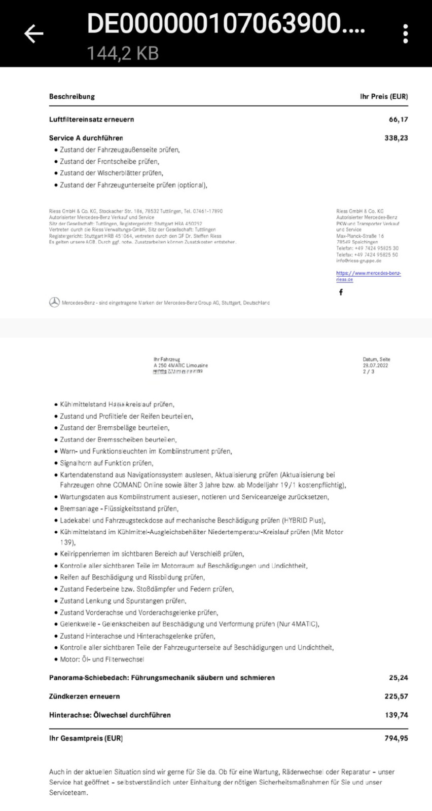 Service A (Plus-Paket) W177