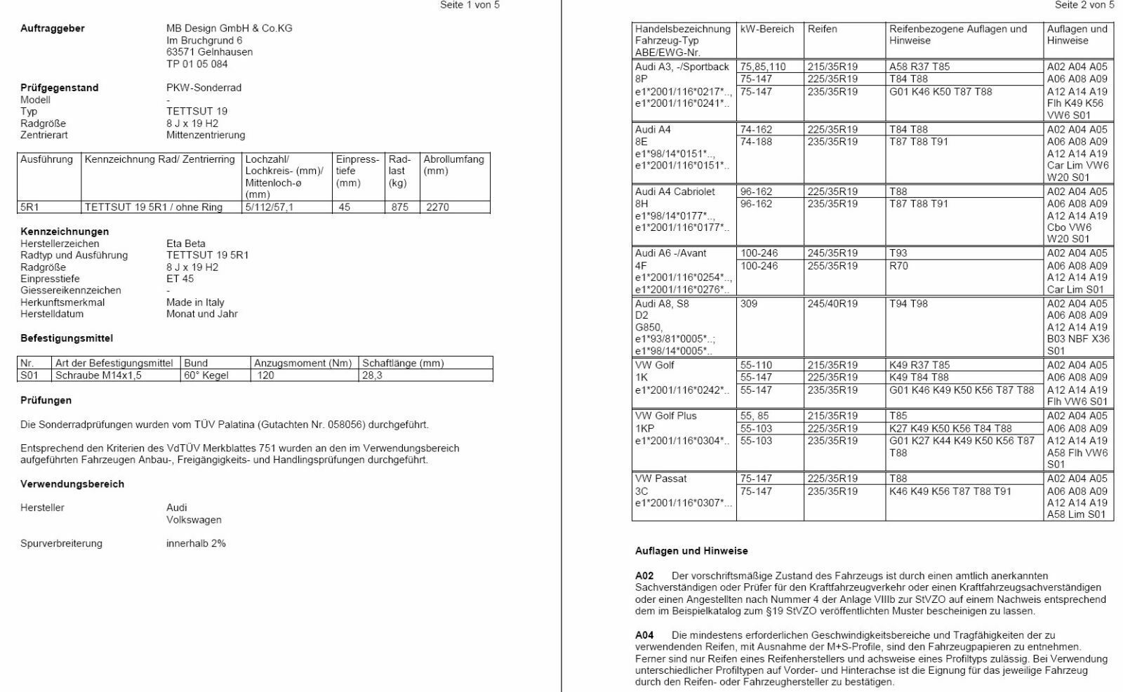 Tettsut 8 x 19" ET45 LK 5/112 für VW Audi mit 235/35 Dunlop SP SportMaxx