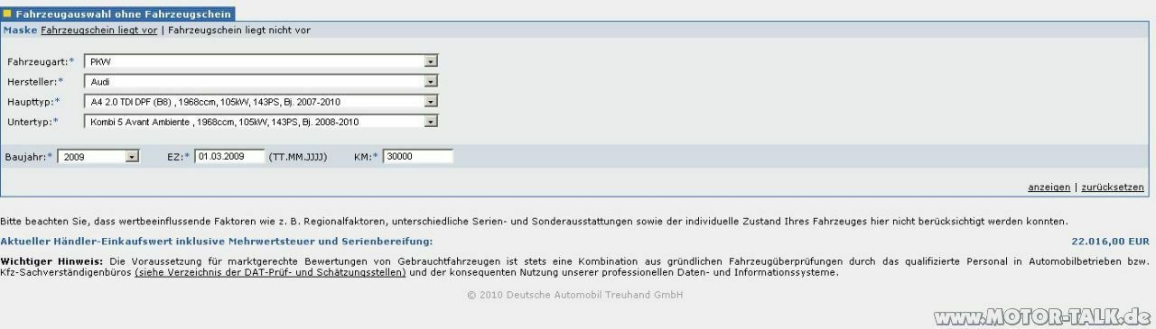 Audi A4 8K 2010 Wertverlust