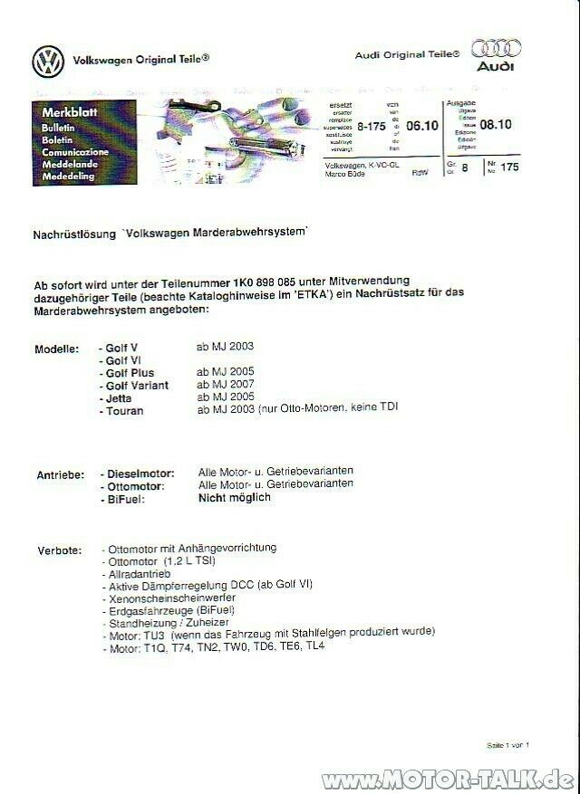 Mechanischer Marderschutz Golf VI 1,2 TSI