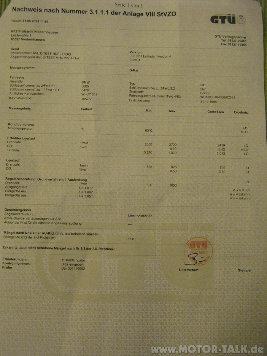 E39 540 besteht AU nicht.