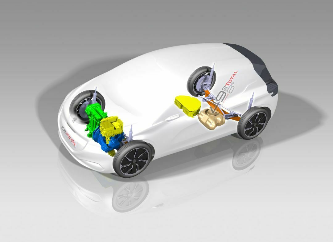 Hier zu erkennen: Beide Motoren treiben die Vorderachse an, Tank und Lithium-Ionen-Akku befinden sich im Heck