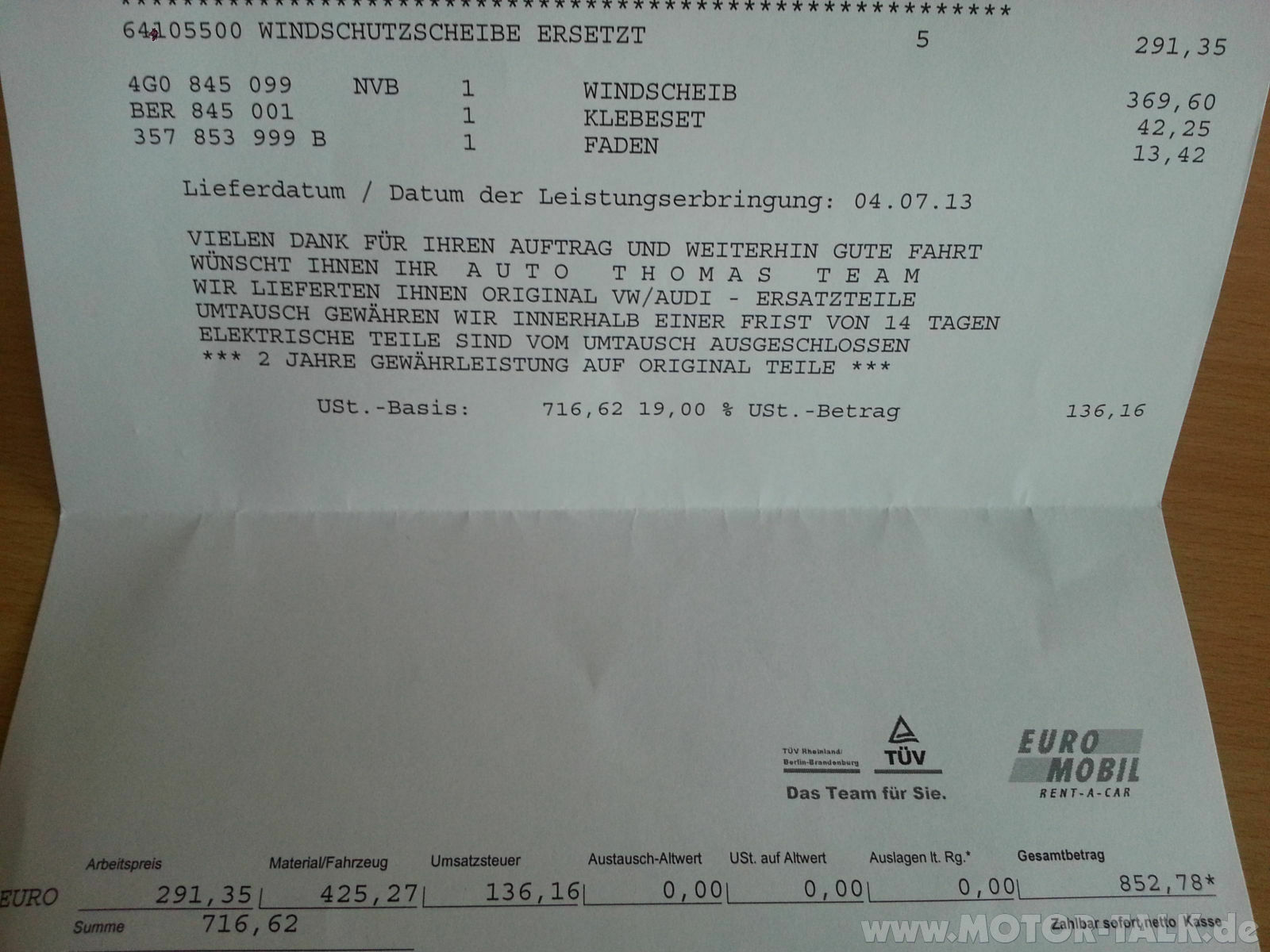 Kosten für Frontscheibentausch