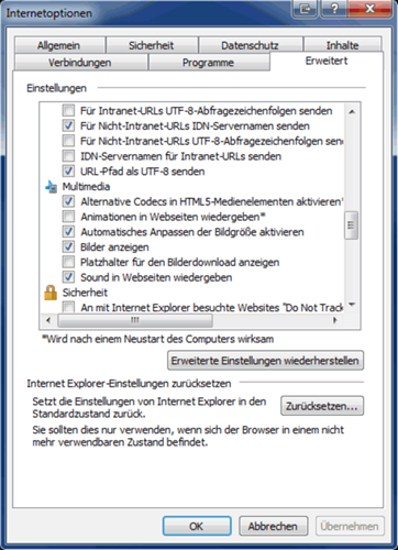 Einstellungen vom Internet Explorer