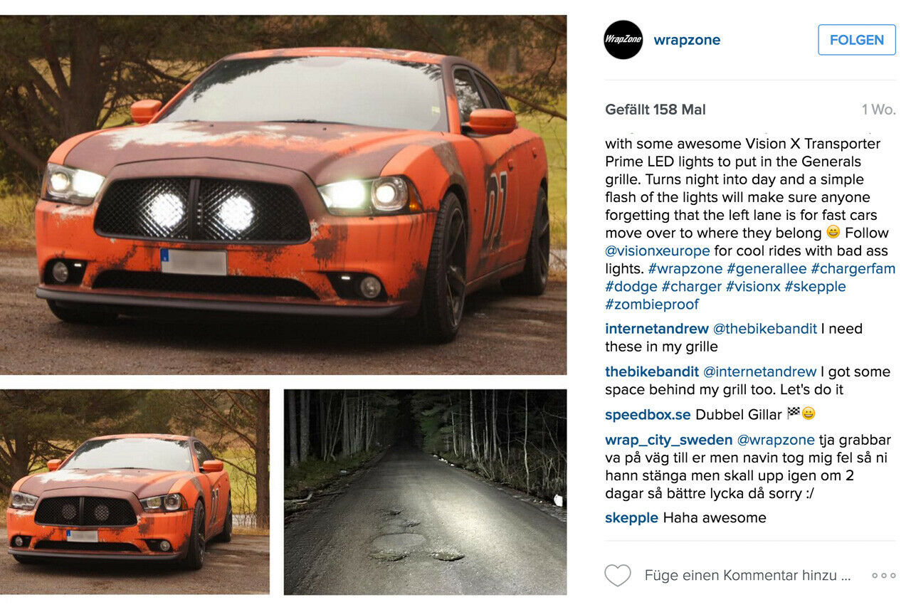 In Schweden üblich: Zusatzscheinwerfer, hier am "General Lee"-Charger