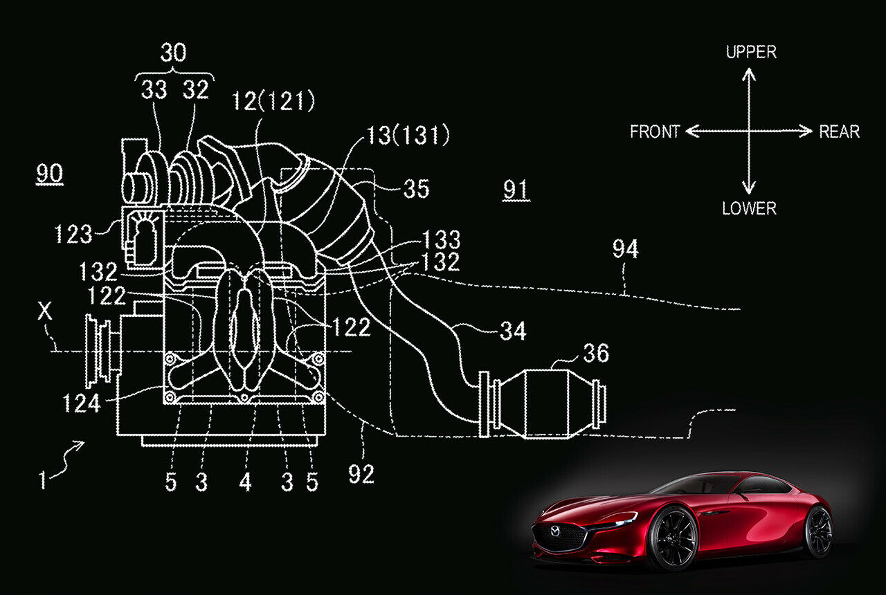 Ansicht von der Seite: Die Abgasanlage (34) verläuft seitlich entlang am Getriebe durch den Mitteltunnel (94)