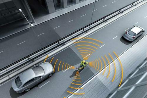 Unsichtbares Sicherheitsnetz: Bei diesem von Bosch entwickelten Totwinkel-Assistenten scannen vier Ultraschall-Umfeldsensoren die Umgebung