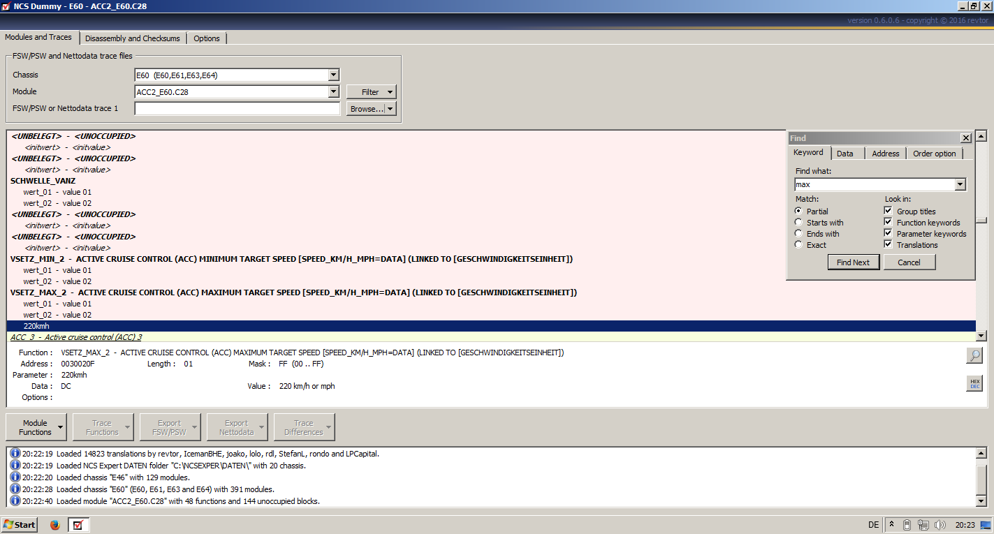 E60 VFL ACC 1 codierdaten und nettodaten
