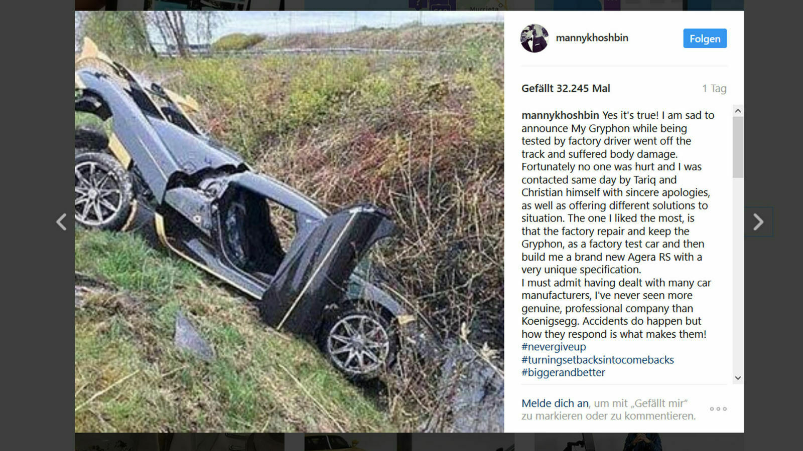 Der Koenigsegg flog auf der ehemaligen Saab-Teststrecke ab. Besitzer Manny Khoshbin nahm es auf Instagram locker