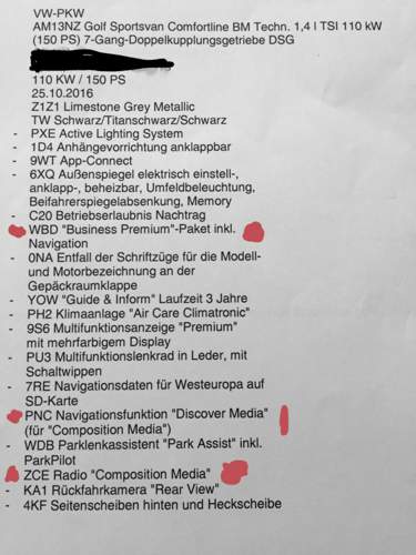 Ausstattungsliste mit VW-Codes
