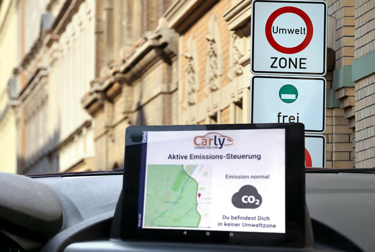 App-Prototyp: Die aktive Emissionssteuerung von Carly erkennt per GPS, ob sich ein Auto in einer Umweltzone befindet, und verbessert dort die Abgaswerte