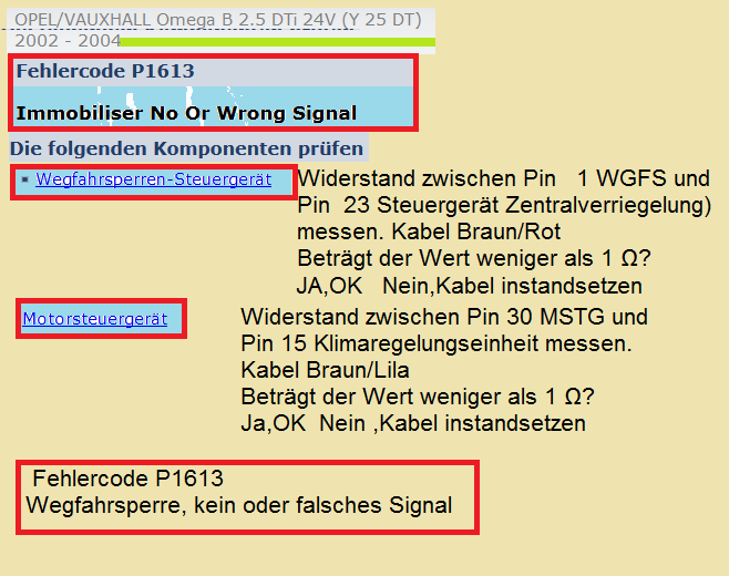 Omega B - Y25DT - Wegfahrsperre kein Signal oder falsches Signal