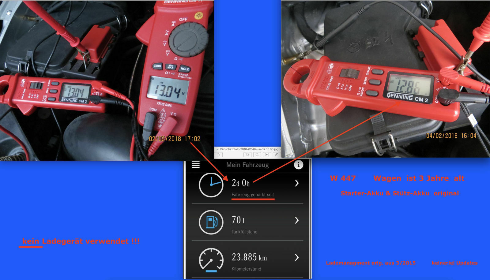 Fehlermeldung: "Anhalten s.Betriebsanleitung" mit Batteriezeichen