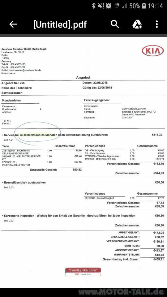1. Inspektion für den Sportage GT Line (Diesel )