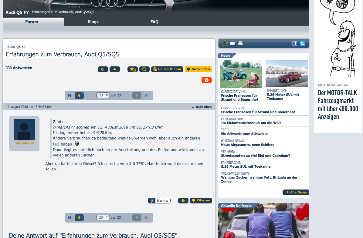 Erfahrungen zum Verbrauch, Audi Q5/SQ5