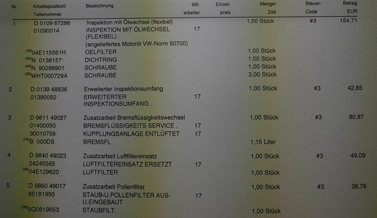 Kosten Inspektion 2. Service (60.000km) nach 3 Jahren