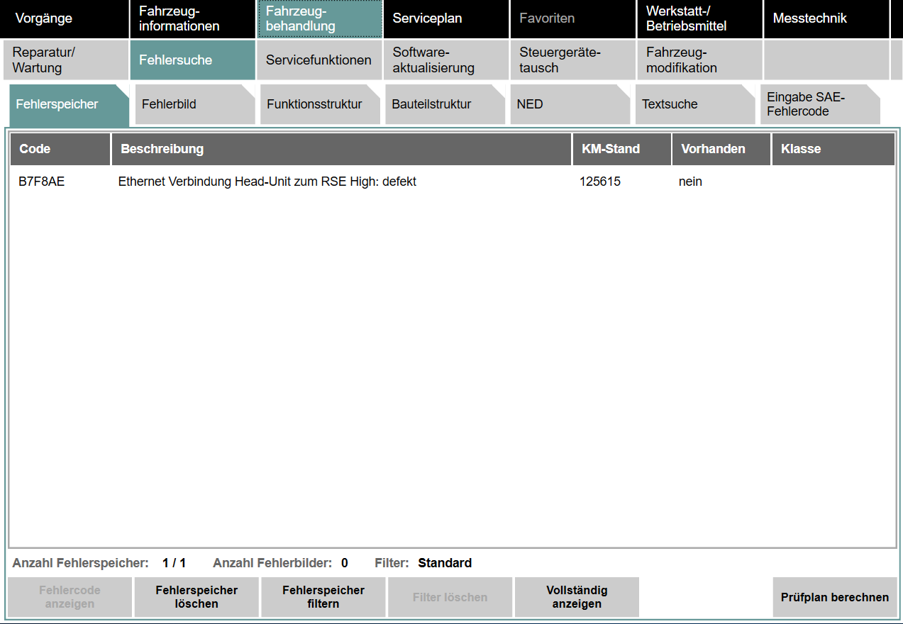 Fehlercode D02D3A Signal ungültig KAFAS und B7F8AE Ethernet Verbindung Head-Unit zum RSE defekt