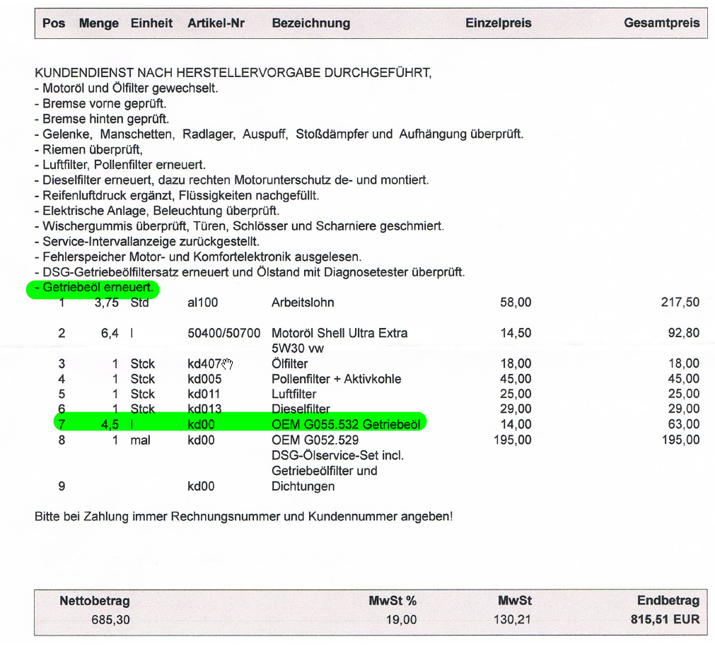 Service/Kosten Audi A6 4G