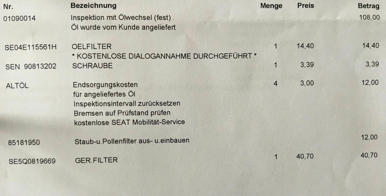 Kosten Seat Leon 1. Inspektion