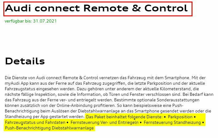 Audi Onlinedienste - Connect Datendieste (inklusive)