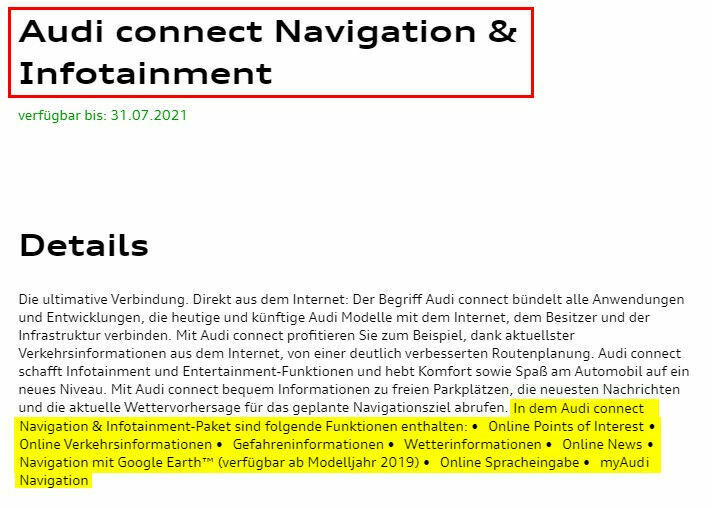 Audi Onlinedienste - Connect Datendieste (inklusive)