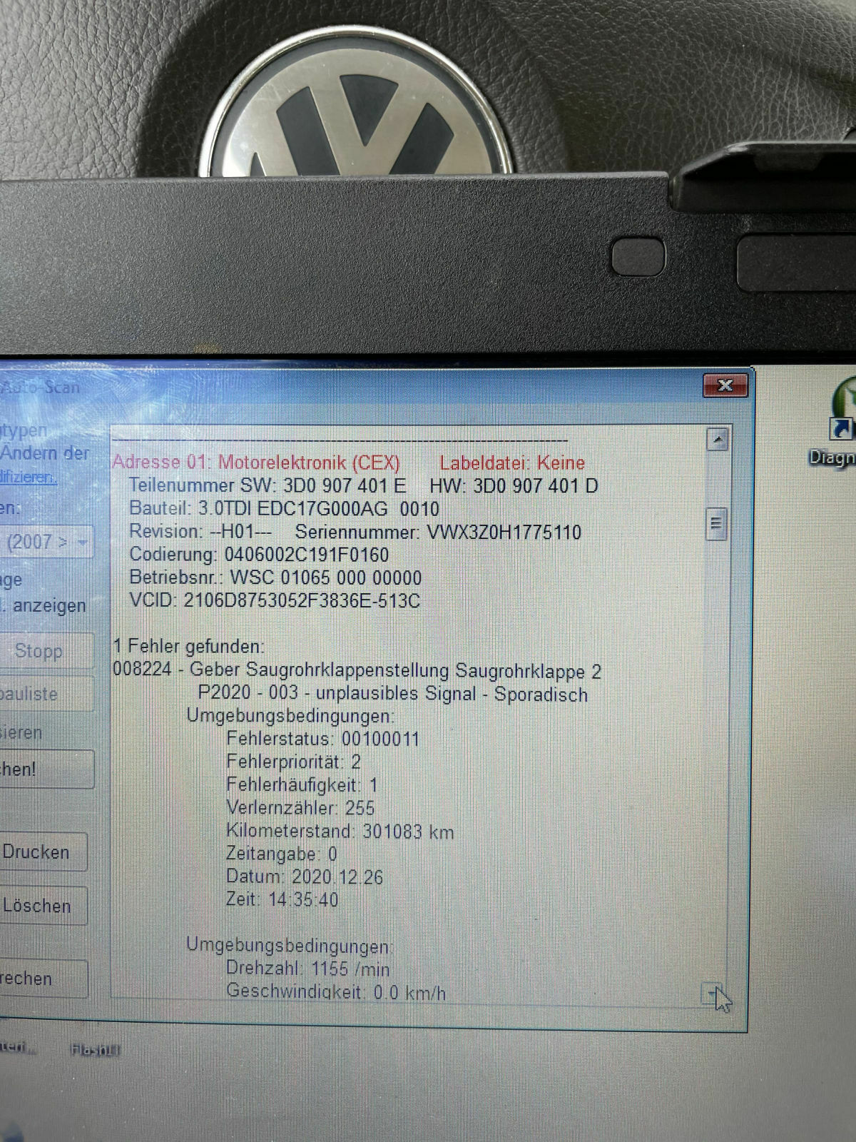 Fehlercode P2020 Geber Saugrohrklappenstellung Saugrohrklappe 2 signal implausible