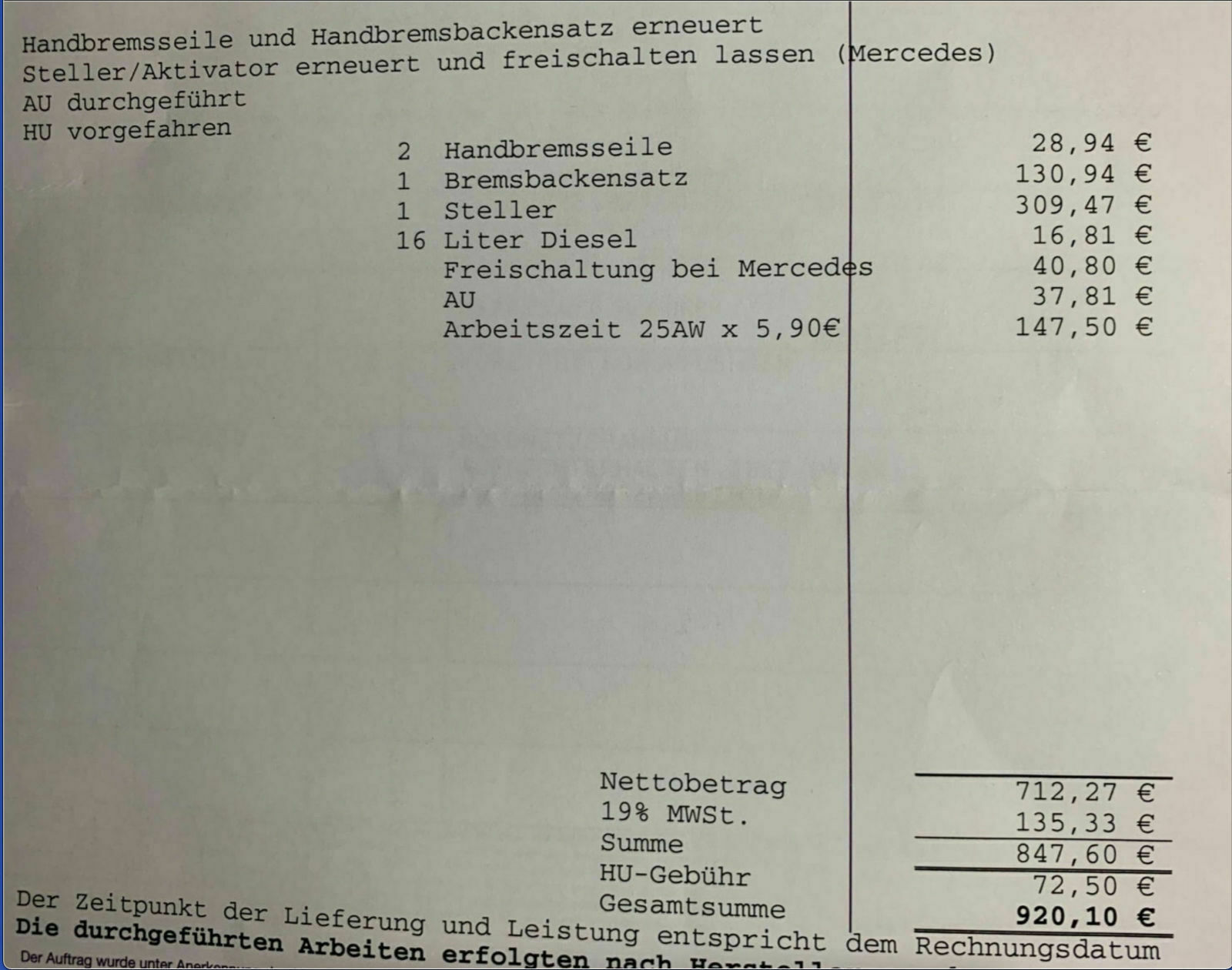 Parkbremse im Montags-Vau defekt  Folgeschaden von Garantie ausgeschlossen