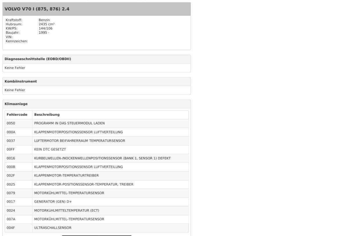 V70 1 Diverse Fehler im Steuergerät für die Klimanlage