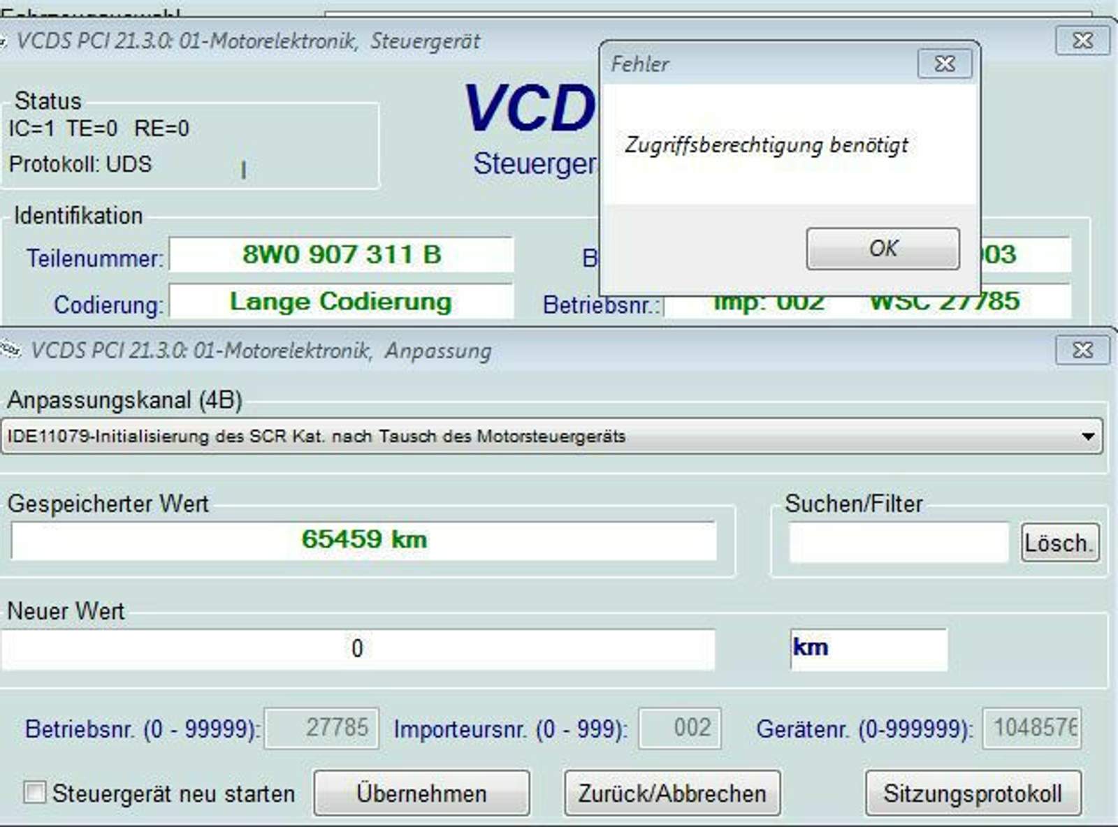 Zugriffscode Motorsteuergerät