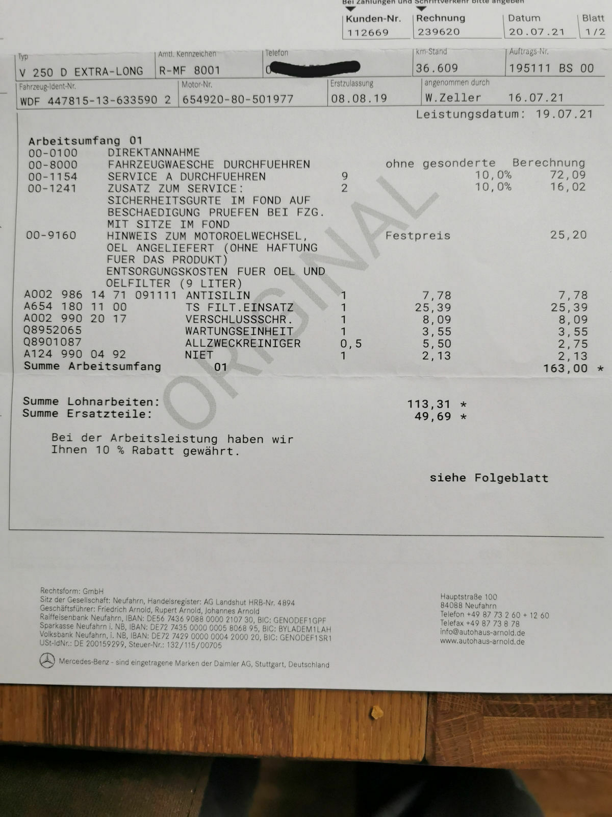 Inspektionskosten eurer V-Klasse