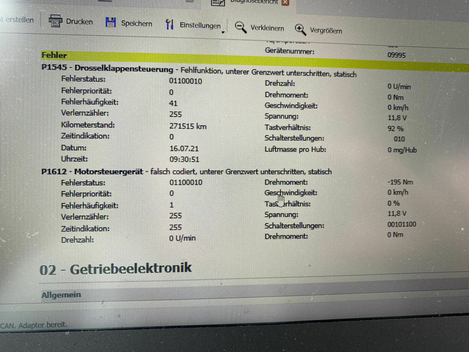 Kombiinstrument und Drosselklappensteuerung Fehlfunktion P1545