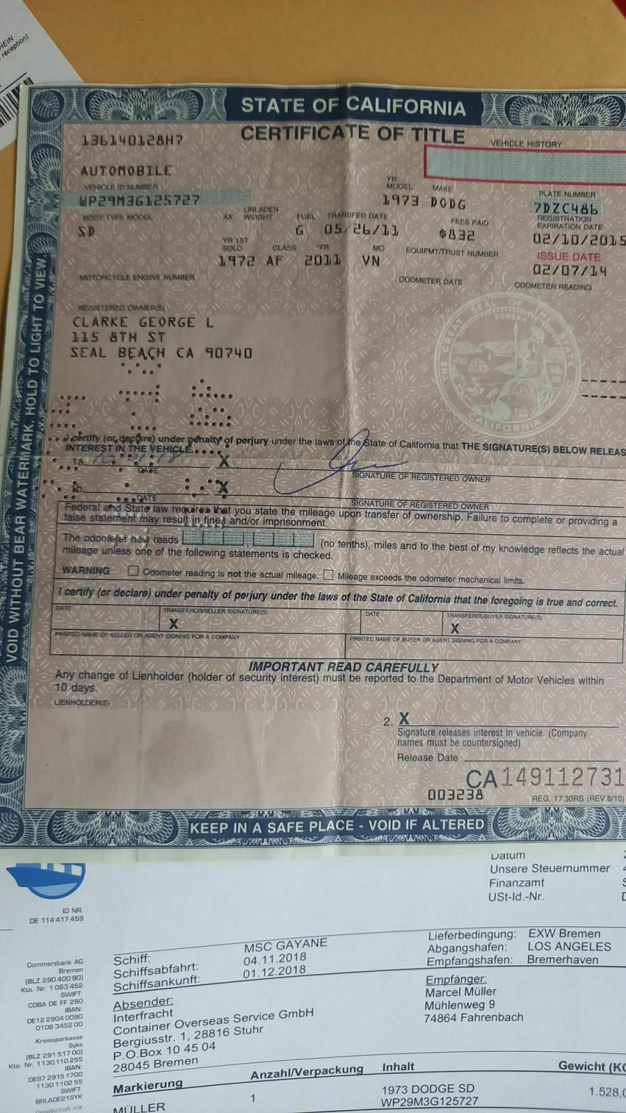 Dodge Charger 1973 Motorkennung entschlüsseln