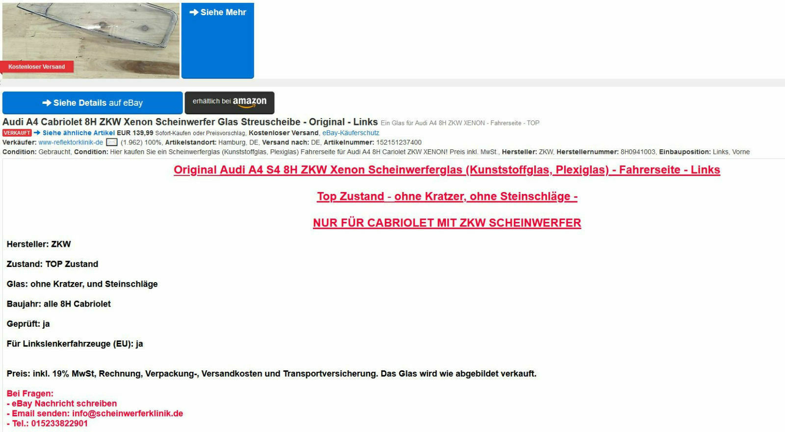 Scheinwerferglas Matt / Stumpf