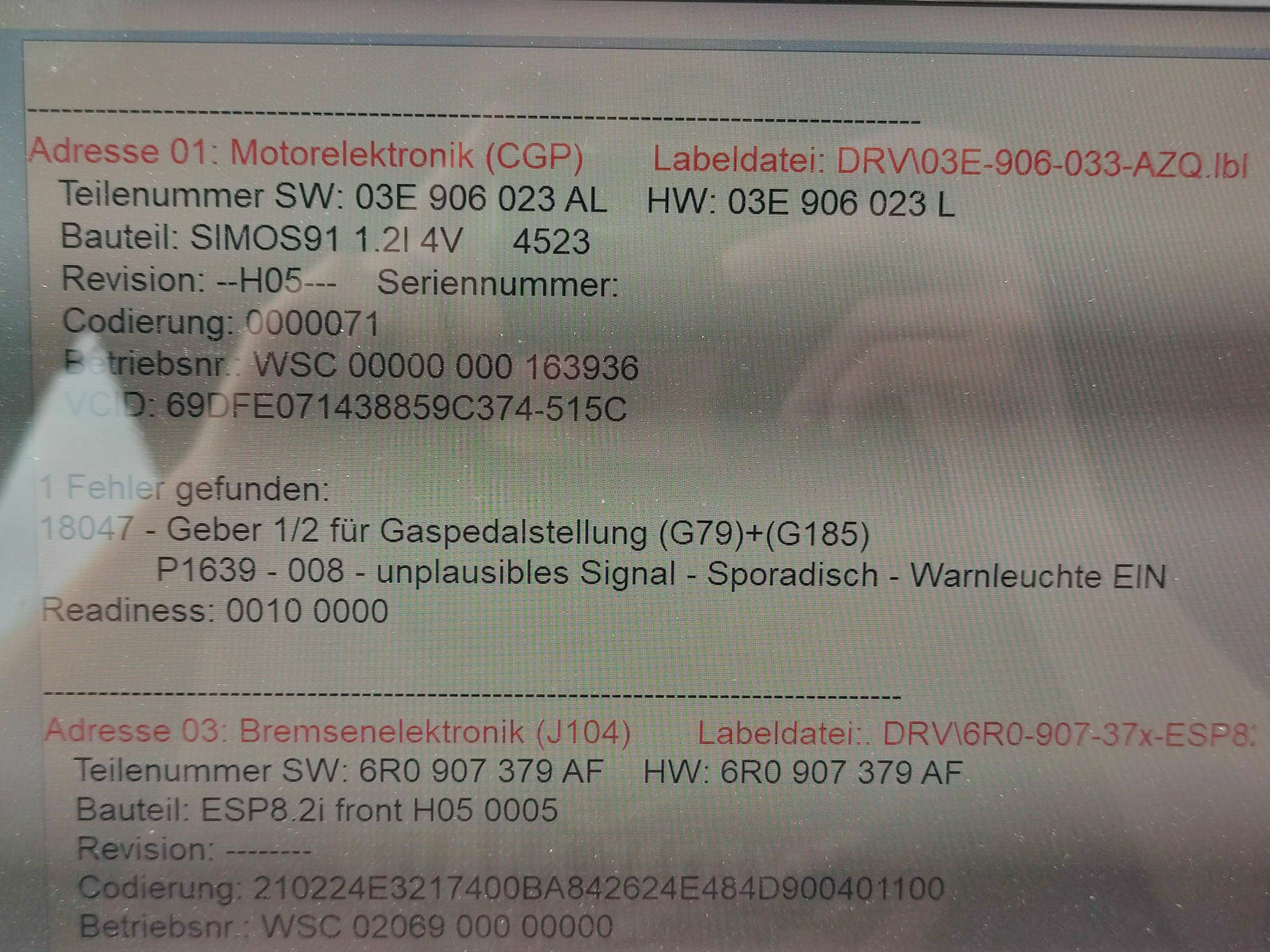 Polo 6R Gaspedal Fehlercode Geber 1/2 unplausibles Signal