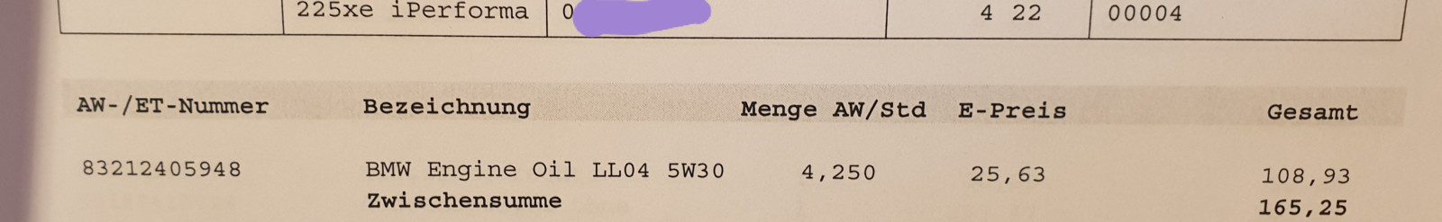 Ölwechsel BMW 225xe Vertragswerkst netto