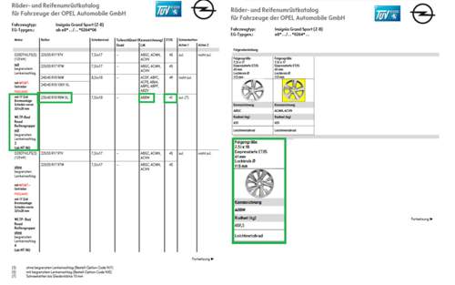 Opel Auszug Serienreifenkatalog