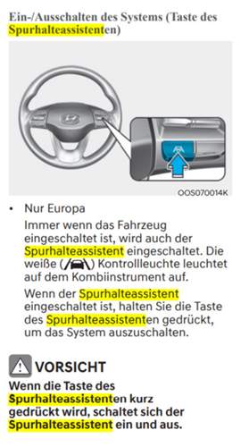 Hyundai Spurhalteassistent Ausschalten