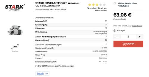 Anlasser 1,4kW, 10 Zähne