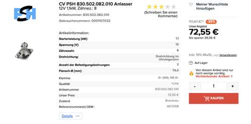 Anlasser 1,1kw, 8 Zähne