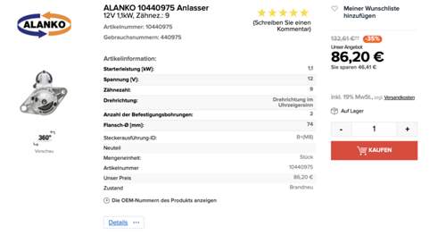 Anlasser 1,1kW 9 Zähne