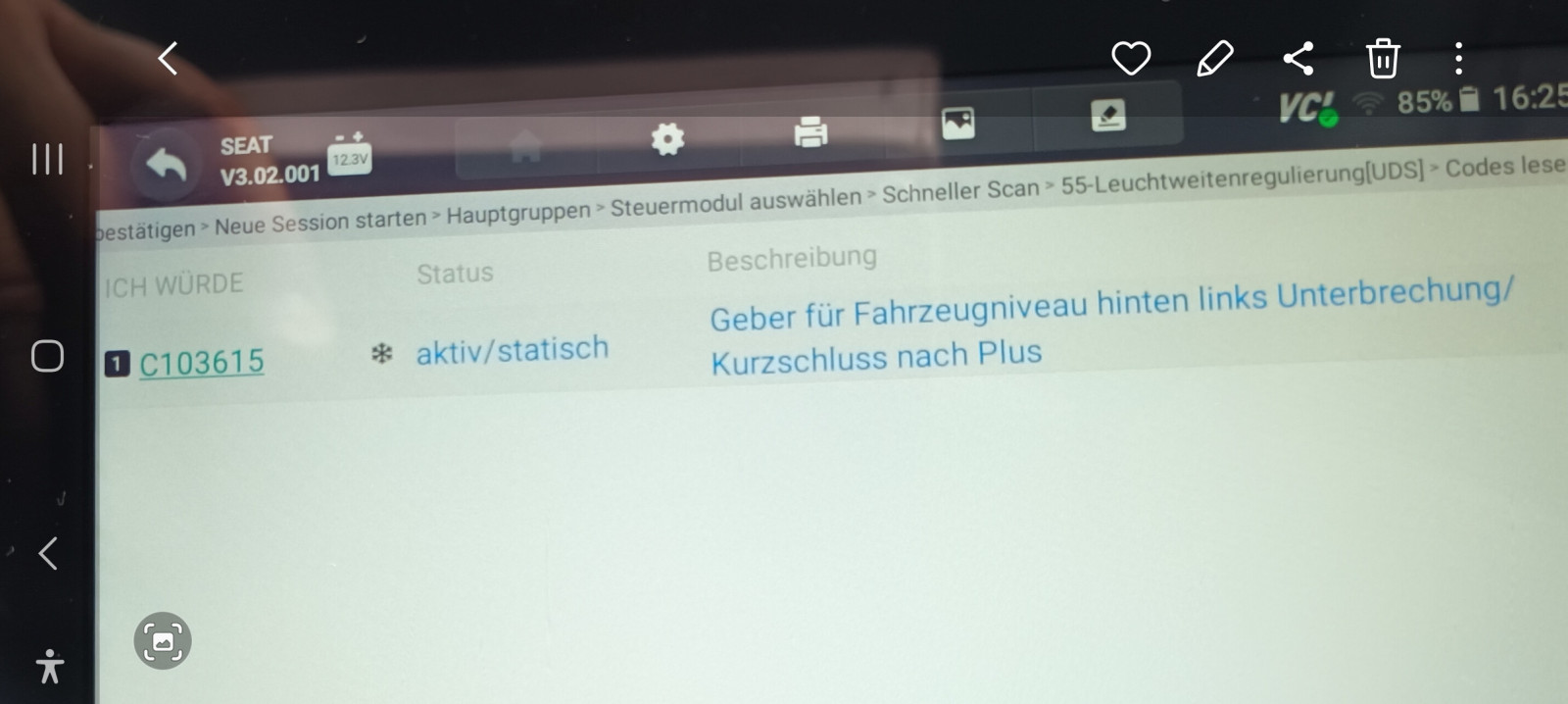 Fehlermeldung Leuchtweitenregulierung