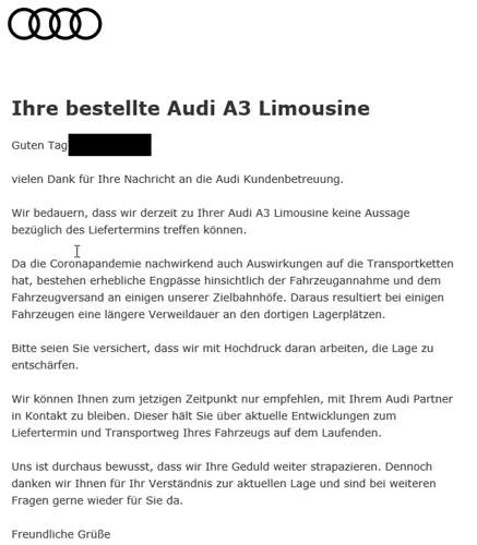 Antwort Audi Kundendienst (Support)