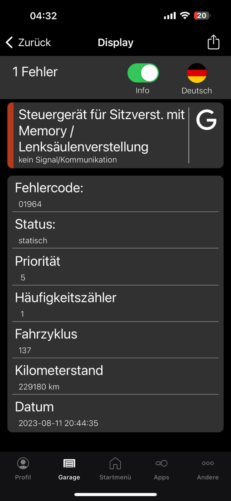 Steuergerät für Sitzeinstellung Fehler: 01964