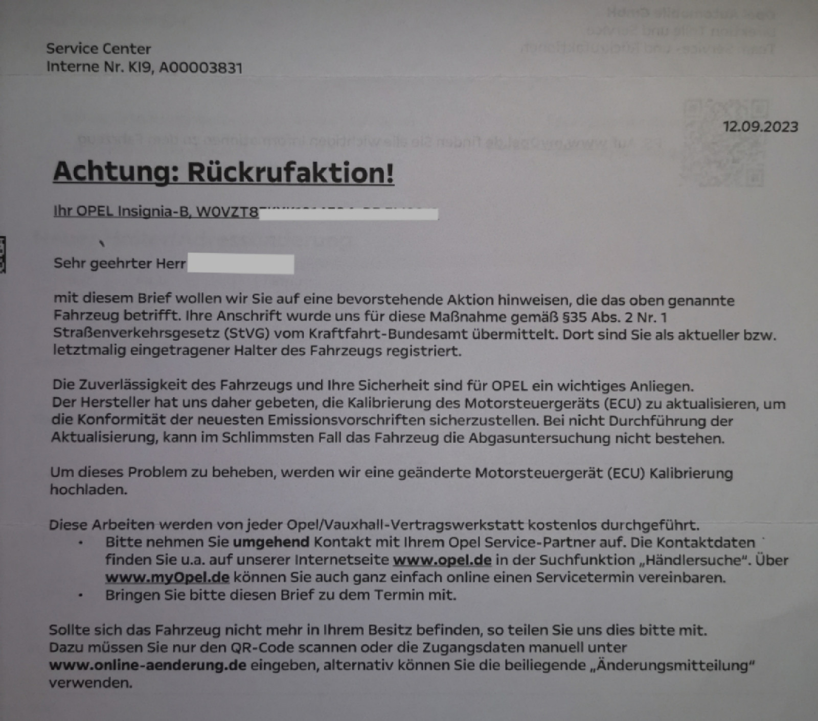 Rückrufaktion D16SHT 1.6/147kW Benzinmotor