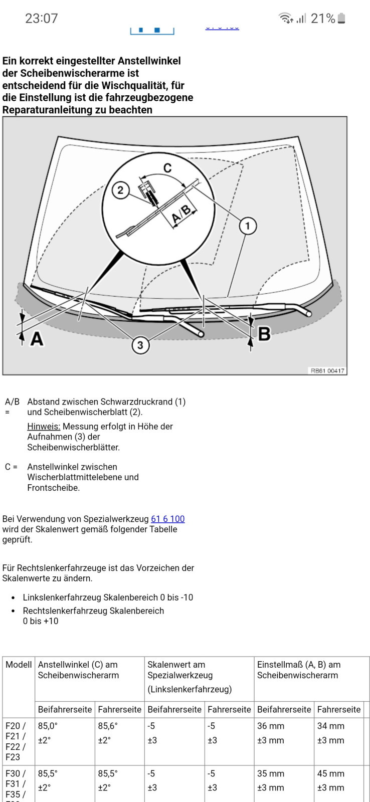Scheibenwischer richtig einstellen, Winkel zur Scheibe BMW F20