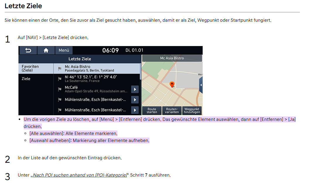 Gespeicherte Ziele können aus dem Navi nicht gelöscht werden.