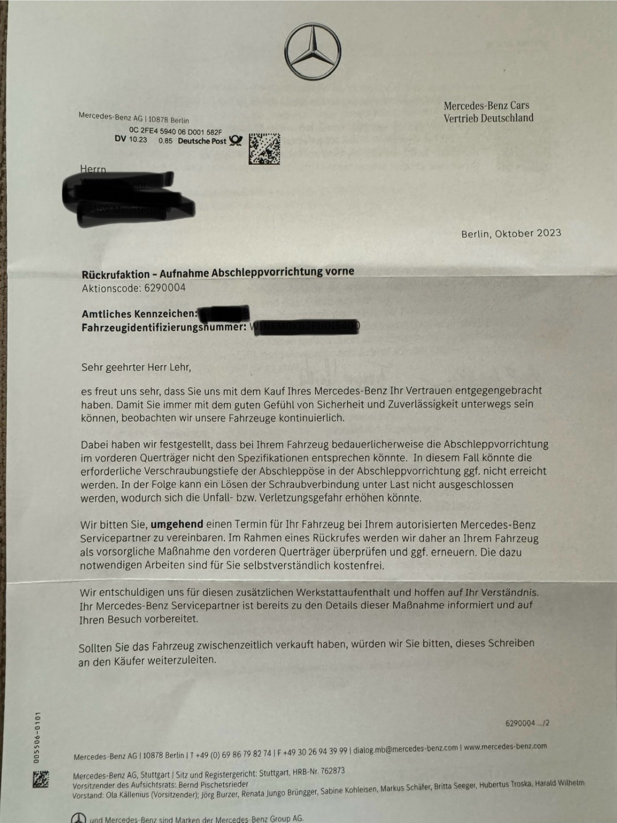 Rückruf wegen Abschleppvorrichtung