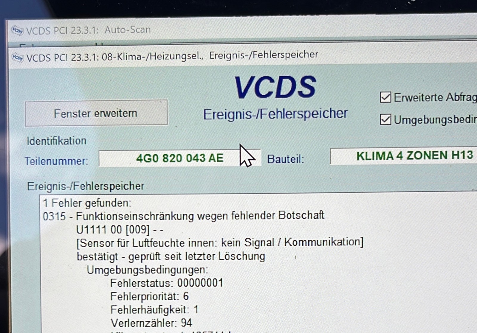 Geber für Luftfeuchtigkeit Klimaanlage Fehler