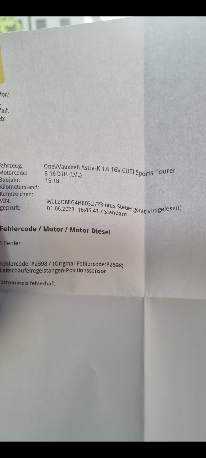 Opel Astra K 1.6L Diesel Automatik P2598