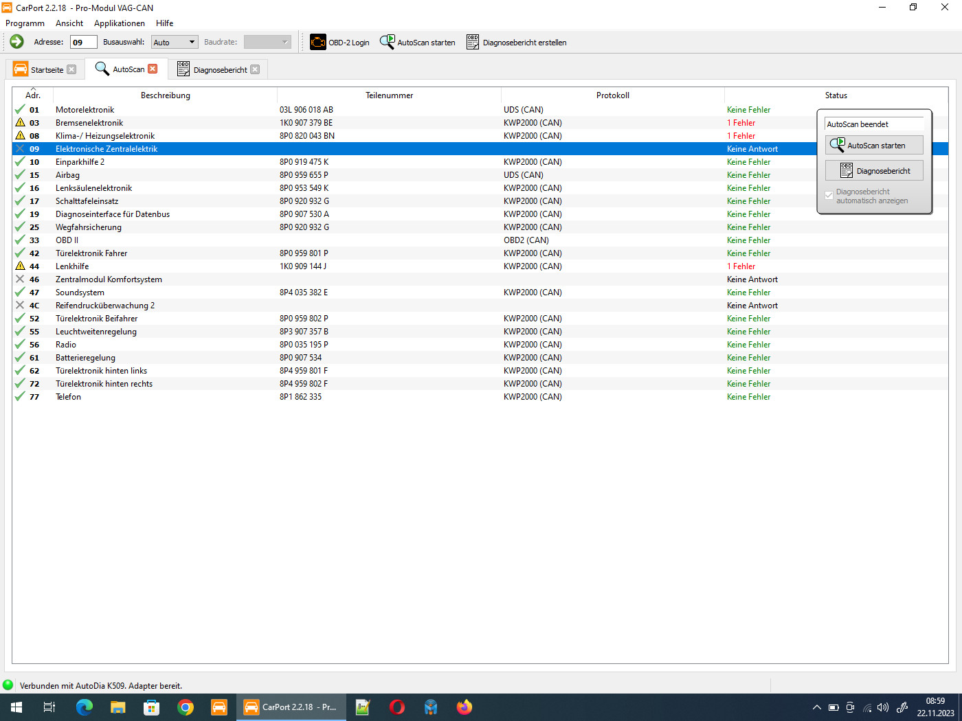 Steuergeräte 9 und 46 mit Caport nicht erreichbar, um Funkschlüssel anzulernen